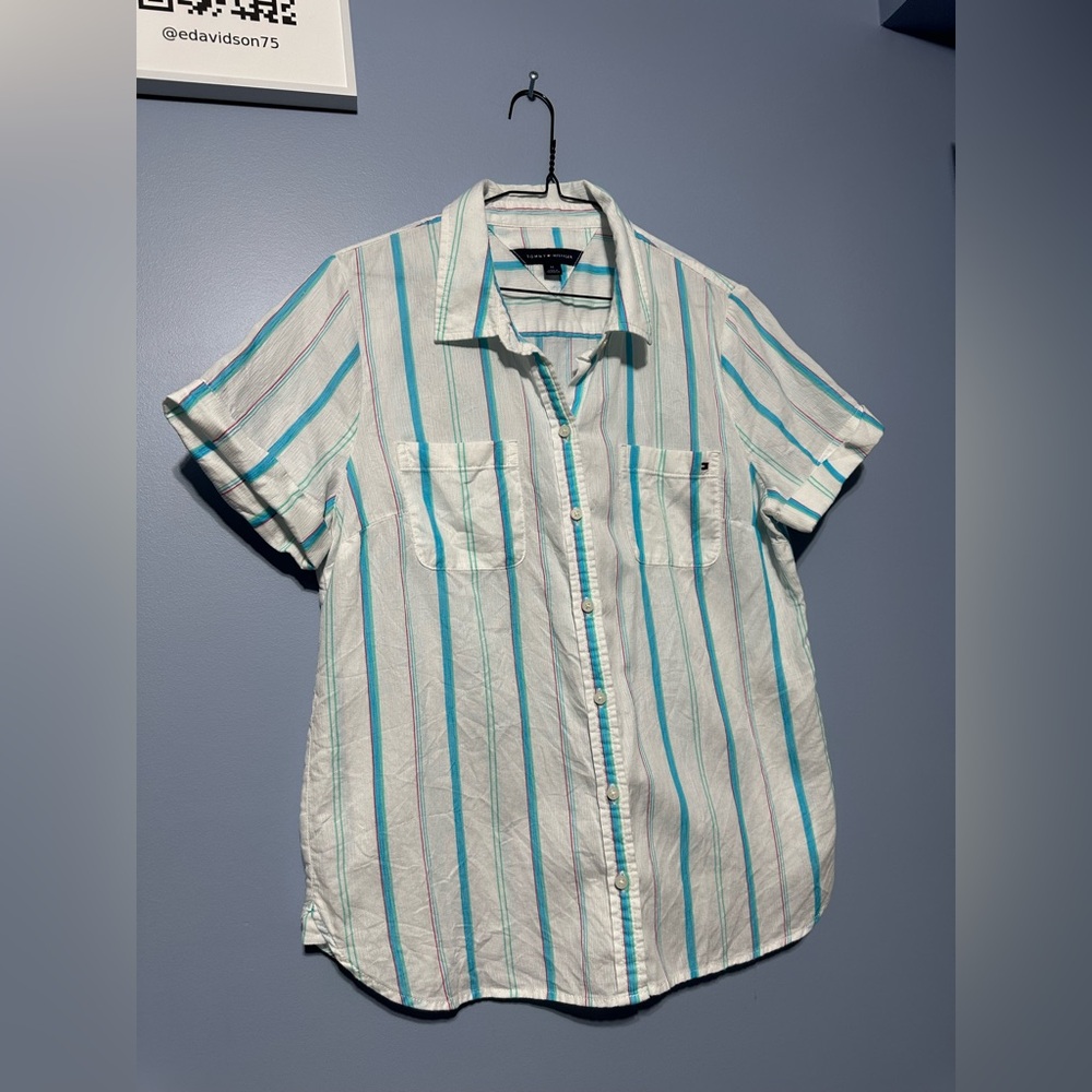 Tommy Hilfiger White and Blue Striped Button Down Shirt